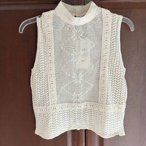 NWT Zara Cream Sleeveless High Collar Pointelle See thru Knit Top, Size Small